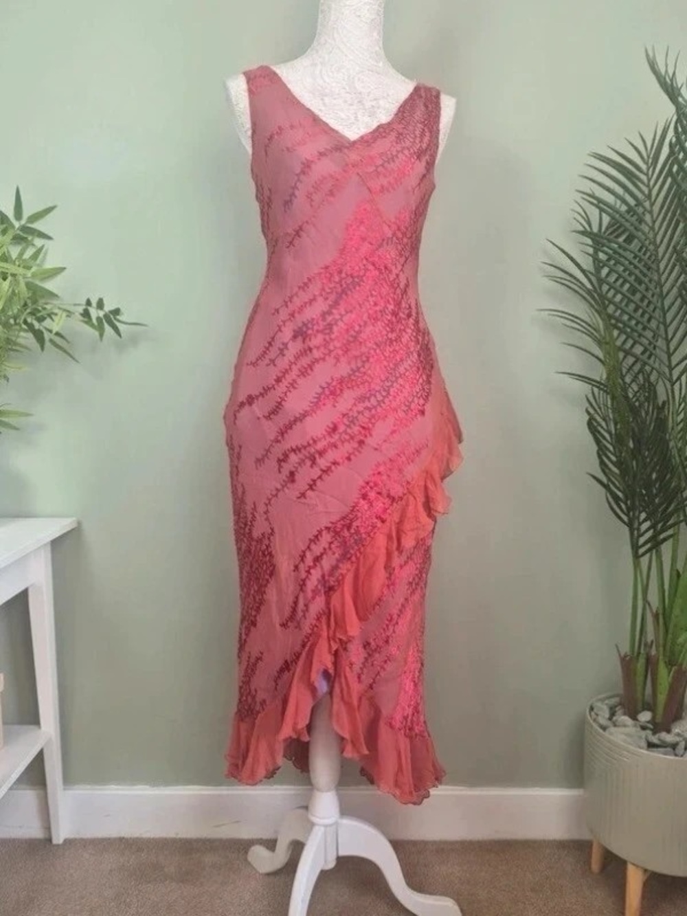 Sleeveless Pink Ruffle-Trim Maxi Dress